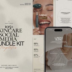 Könnte beinhalten: Ein Social-Media-Bundle-Kit für Hautpflege mit über 105 Vorlagen. Das Bild zeigt eine Frau, die eine Jade-Rolle verwendet, ein Smartphone, das ein Hautpflegeprodukt anzeigt, und verschiedene Social-Media-Beispiele. Der Text enthält "SANITIZE" und "LUNEKO BLEND".