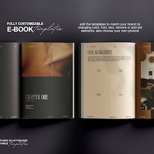 May include: A mockup of an e-book template with a black and brown color scheme. The cover features a photo of a woman's ear with a gold earring. The inside pages show a table of contents, a chapter heading, and a worksheet with numbered sections.