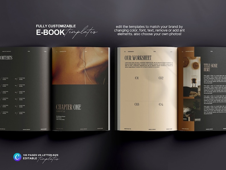 May include: A mockup of an e-book template with a black and brown color scheme. The cover features a photo of a woman's ear with a gold earring. The inside pages show a table of contents, a chapter heading, and a worksheet with numbered sections.