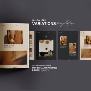 May include: A mockup of an e-book template with a black and white photo of a bowl of fruit on a table. The text on the page reads "(09) GALLERY VARIATIONS templates 100 PAGES US LETTER SIZE FOR DIGITAL OR PRINT USE E-BOOK templates".