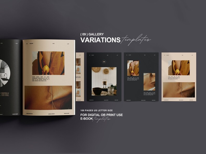 May include: A mockup of an e-book template with a black and white photo of a bowl of fruit on a table. The text on the page reads "(09) GALLERY VARIATIONS templates 100 PAGES US LETTER SIZE FOR DIGITAL OR PRINT USE E-BOOK templates".