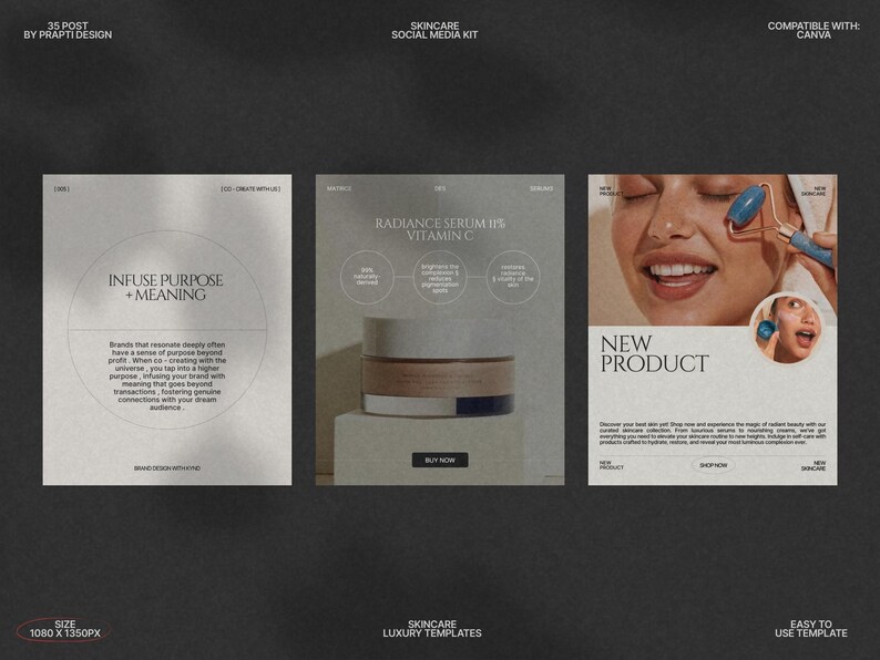 This Skincare InstaPost Pack features a collection of fully editable Canva templates designed in a minimalist aesthetic with an Urban Sunset color palette, perfect for skincare brands, beauty influencers, and salons to create cohesive Instagram posts showcasing skincare products, tutorials, and promotions while effortlessly enhancing their social media marketing content.