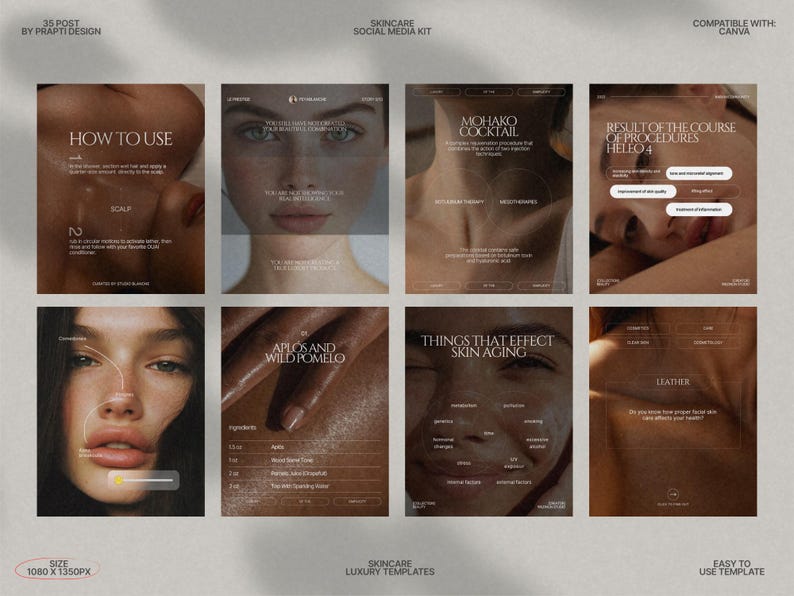 Transform your Instagram feed with this Skincare InstaPost Pack, featuring minimalist beauty post templates in an Urban Sunset color palette, designed specifically for skincare brands, beauty influencers, and salons; these fully editable Canva templates allow for effortless customization and cohesive marketing content, perfect for showcasing products, tutorials, and seasonal promotions while attracting your target audience.