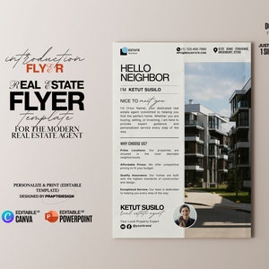 Folleto de presentación de bienes raíces / Carta de saludo al vecino / Marca inmobiliaria / Folleto para nuevos agentes / Carta de presentación / Agente inmobiliario / Plantilla Canva
