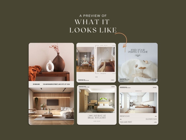 May include: A collage of six images showcasing interior design ideas for a home. The images feature a living room, dining room, bedroom, kitchen, and a hallway. The text "Find your perfect home" is featured in one of the images.