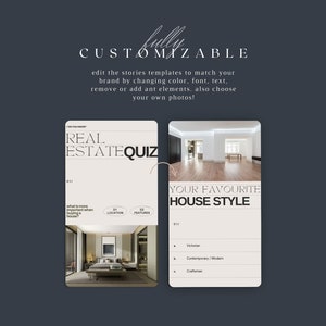 May include: Two Instagram story templates for a real estate quiz. The first template asks "What is more important when buying a house?" with three options: Location, Features, and Price. The second template asks "Your favorite house style?" with three options: Victorian, Contemporary/Modern, and Craftsman.