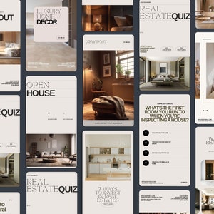 May include: A collage of images showcasing real estate listings, including a sold out sign, an open house announcement, and a real estate quiz. The images feature modern interior design with neutral colors and natural light.