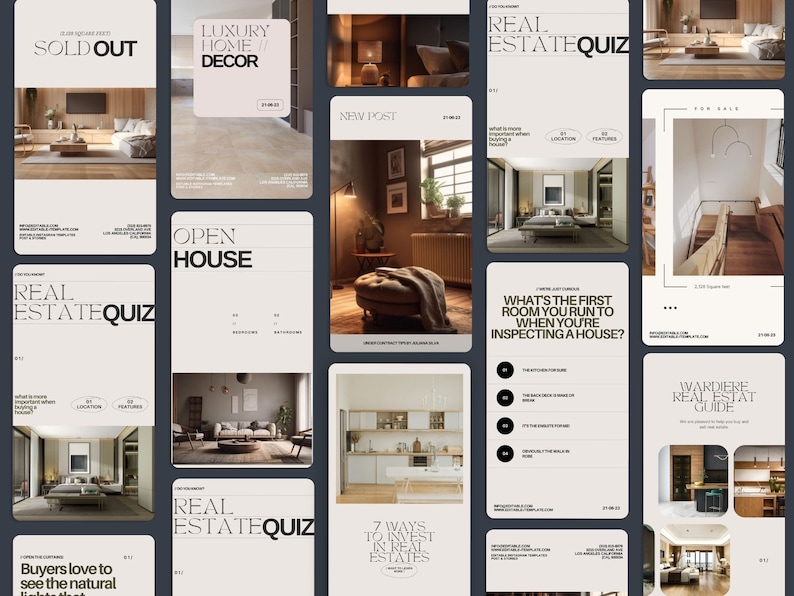 May include: A collage of images showcasing real estate listings, including a sold out sign, an open house announcement, and a real estate quiz. The images feature modern interior design with neutral colors and natural light.