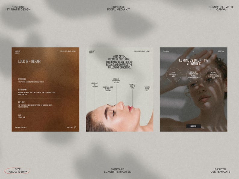 This Skincare Instagram Post Bundle Kit features a collection of fully editable Canva templates designed with a minimalist aesthetic in a soothing Forest Retreat color palette, perfect for skincare brands, beauty influencers, and salons to effortlessly create beautiful posts showcasing products, tutorials, seasonal promotions, and client testimonials for cohesive social media marketing.
