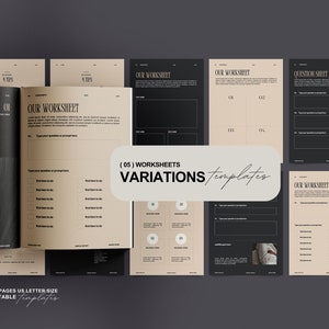May include: A set of five printable worksheet templates in black and beige with the text "(05) WORKSHEETS VARIATIONS templates".