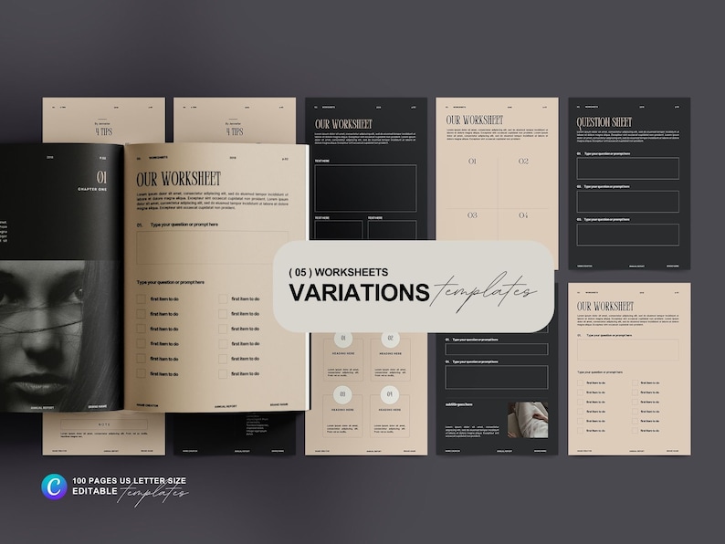 May include: A set of five printable worksheet templates in black and beige with the text "(05) WORKSHEETS VARIATIONS templates".