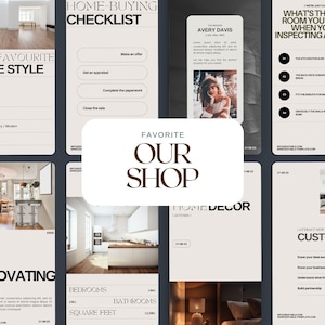 May include: A collage of images related to home buying, decorating, and renovating. The images include a checklist for buying a home, a list of favorite house styles, a list of questions to ask when inspecting a house, a list of tips for renovating, and a list of home decor ideas.