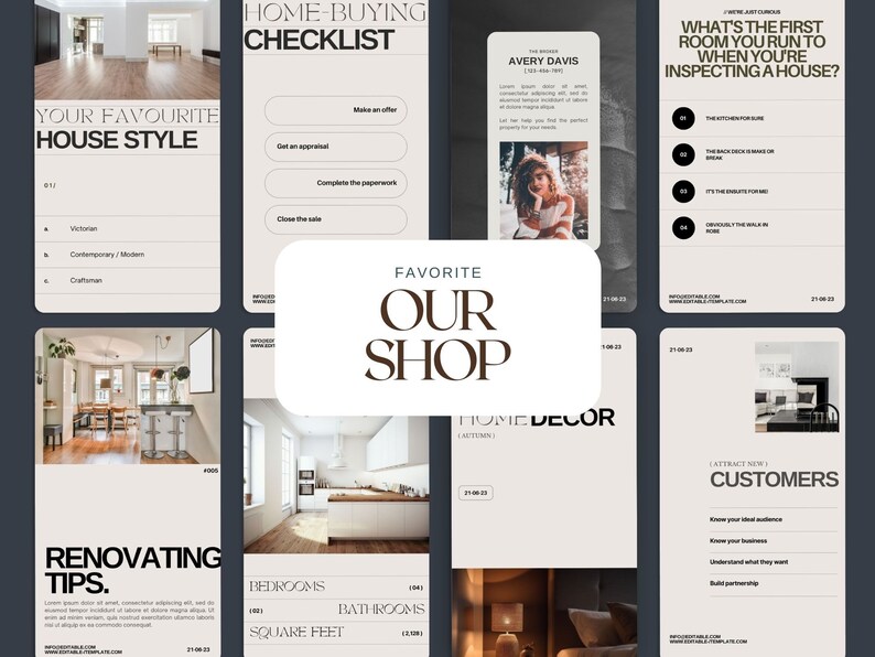 May include: A collage of images related to home buying, decorating, and renovating. The images include a checklist for buying a home, a list of favorite house styles, a list of questions to ask when inspecting a house, a list of tips for renovating, and a list of home decor ideas.