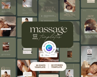 May include: A set of 60 social media post and story templates for massage therapists. The templates feature a green and brown color scheme with images of people receiving massages. The text on the templates includes "massage", "post and story", "templates", "made in canva", "60 posts template", and "60 stories template".