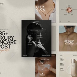 Könnte beinhalten: Ein Werbebild für luxuriöse Hautpflegeprodukte. Das Bild zeigt eine Sammlung von Hautpflege-Post-Vorlagen mit Text wie "35+ Luxury Skincare Post Template" und "Neck Glow". Das Bild ist mit Canva kompatibel.