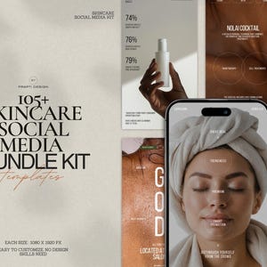May include: A digital marketing bundle kit for skincare brands. The image features a phone displaying a skincare promotion, a hand holding a white bottle, and various social media templates with text like "Skincare Social Media Kit" and "105+ Skincare Social Media Bundle Kit".