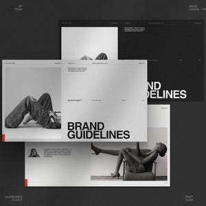Peut inclure: Un modèle de charte graphique numérique présentant plusieurs mises en page de diapositives superposées en noir, blanc et gris. Le design inclut une typographie sans empattement audacieuse, des mises en page minimalistes et des photos monochromes.