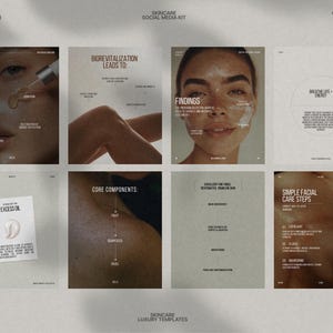 This Skincare Instagram Post Bundle Kit features a collection of fully editable Canva templates designed in a minimalist aesthetic with a soothing Forest Retreat color palette, perfect for skincare brands, beauty influencers, and salons to create stunning posts that showcase products, tutorial content, and client testimonials while maintaining an aesthetically consistent social media feed.