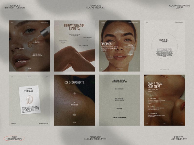 This Skincare Instagram Post Bundle Kit features a collection of fully editable Canva templates designed in a minimalist aesthetic with a soothing Forest Retreat color palette, perfect for skincare brands, beauty influencers, and salons to create stunning posts that showcase products, tutorial content, and client testimonials while maintaining an aesthetically consistent social media feed.