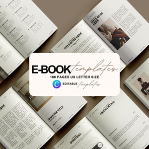 Puede incluir: Vista aérea de múltiples plantillas de libros electrónicos abiertas, con una paleta de colores neutros. El texto "E-BOOK templates" es visible, junto con "100 PAGES US LETTER SIZE" y "EDITABLE templates". Las páginas presentan texto e imágenes de marcador de posición.