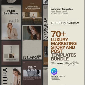 Puede incluir: Un conjunto de plantillas de Instagram con temática de lujo. Las plantillas incluyen publicaciones e historias, con una paleta de colores neutros y varios diseños. El texto incluye "Luxury Instagram" y "70+ Luxury Marketing Story and Post Templates Bundle."