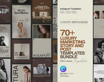 May include: A collection of Instagram templates with a luxury theme. The templates include posts and stories, with a neutral color palette and various design layouts. Text includes "Luxury Instagram" and "70+ Luxury Marketing Story and Post Templates Bundle."