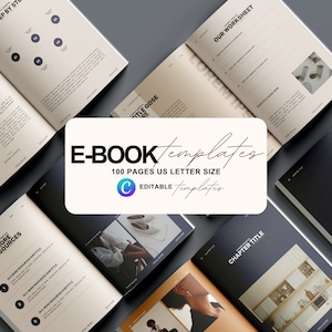 Könnte beinhalten: Eine Sammlung von E-Book-Vorlagen im minimalistischen Stil. Die Vorlagen sind für US Letter-Größe konzipiert und editierbar. Das Bild zeigt mehrere geöffnete Bücher mit verschiedenen Layouts und Designs, darunter eine Kapitelübersichtsseite, ein Inhaltsverzeichnis und eine Seite mit einer Liste von Ressourcen.