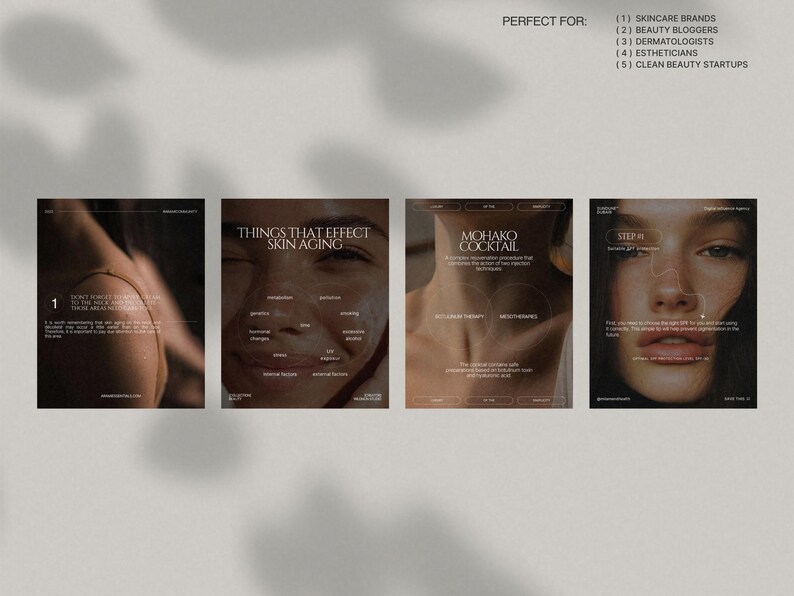This Skincare InstaPost Pack features minimalist aesthetic templates in an Urban Sunset color palette, designed for skincare brands and beauty influencers to effortlessly create cohesive Instagram posts that showcase products, tutorials, and client testimonials; with fully editable Canva templates and simple drag-and-drop editing, no design skills are required for stunning skincare marketing content.