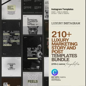 Può includere: Un pacchetto di modelli Instagram per il marketing di lusso, storie e post. Il bundle include oltre 210 modelli Canva. Il design presenta una palette di colori neutri con toni neri, bianchi e beige e include il testo "Luxury Instagram".