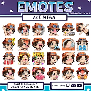 Anime Fire Pirate Ace Straw Hat Chibi Emote Mega Bundle - Set of 24 Twitch/Discord/YouTube
