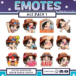 Anime Fire Pirate Ace Straw Hat Chibi Emote Bundle #1 - Set of 12 Twitch/Discord/YouTube