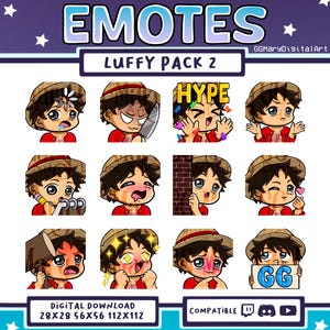 Anime Pirate Captain Straw Hat Chibi Emote Bundle #2 - Set of 12 Twitch/Discord/YouTube