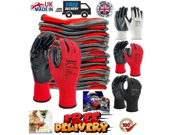 Men Work Gloves PREMIUM NITRILE COATED Red Nylon Work Gloves Builders Gardening Grip