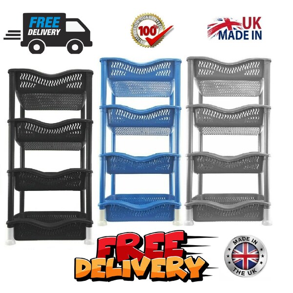 thumbnail interactive-video image 1 of 4-Tier Vegetable And Fruit Storage Rack – Black Plastic Kitchen Utility Stand – Freestanding 1 of 3
