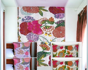 Cotton Kantha Quilt Queen Size Bedspread Indian Throw Blanket Bedding Comforter