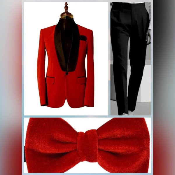Men's Elegant Jacket 1 Button Red Velvet Dinner with black gurkha pant and red velvet bow tie