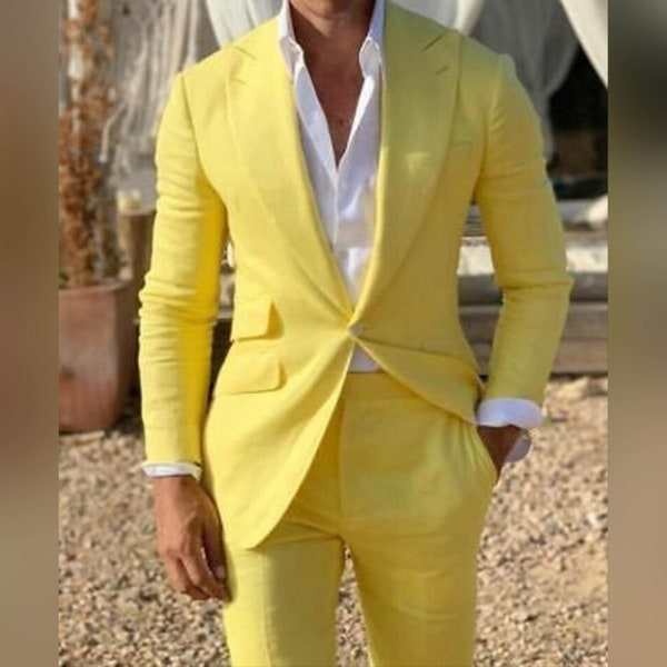 Men Yellow Linen 2 Piece Suit for Groomsmen Wedding Dinner Suit