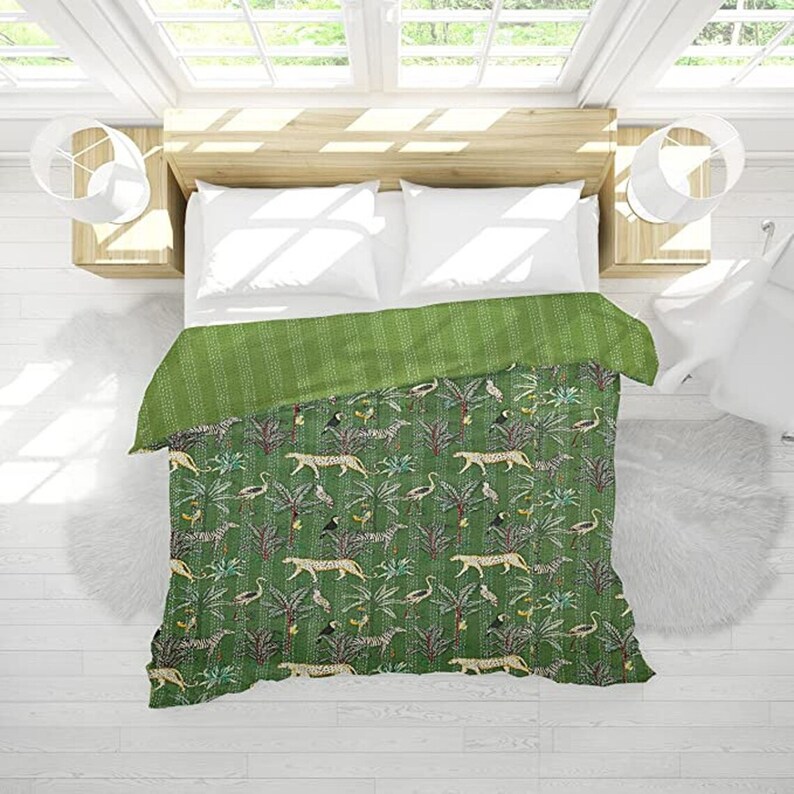 Unique Green Jungle Print Quilt, Reversible Blanket Bedspread, Jungle