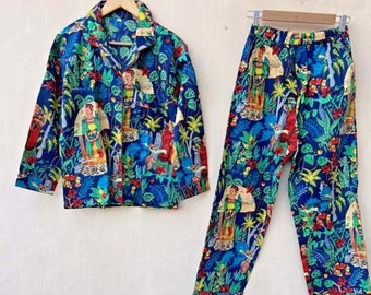 Bleu Frida pyjama ensemble coton doux à manches longues PJs femmes pyjamas léger vêtements de nuit Khal PJ ensembles