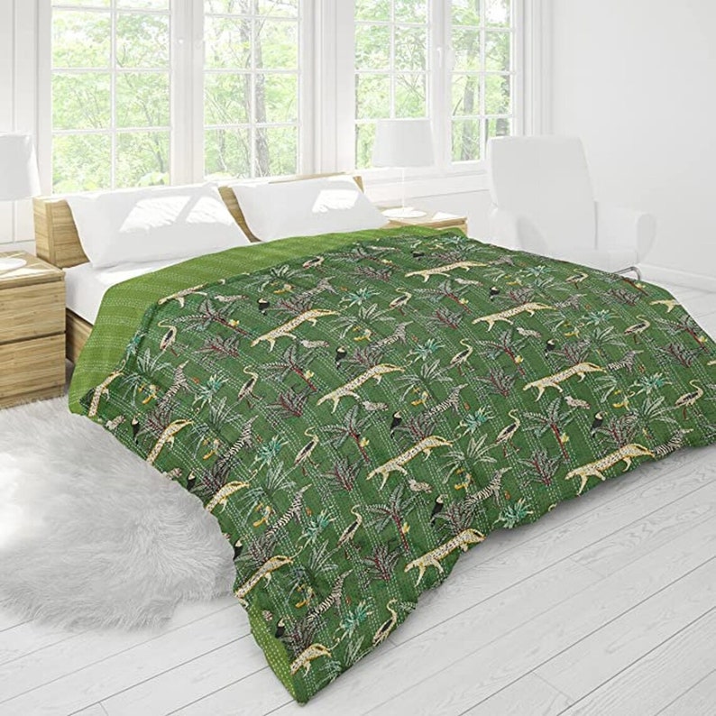 Unique Green Jungle Print Quilt, Reversible Blanket Bedspread, Jungle