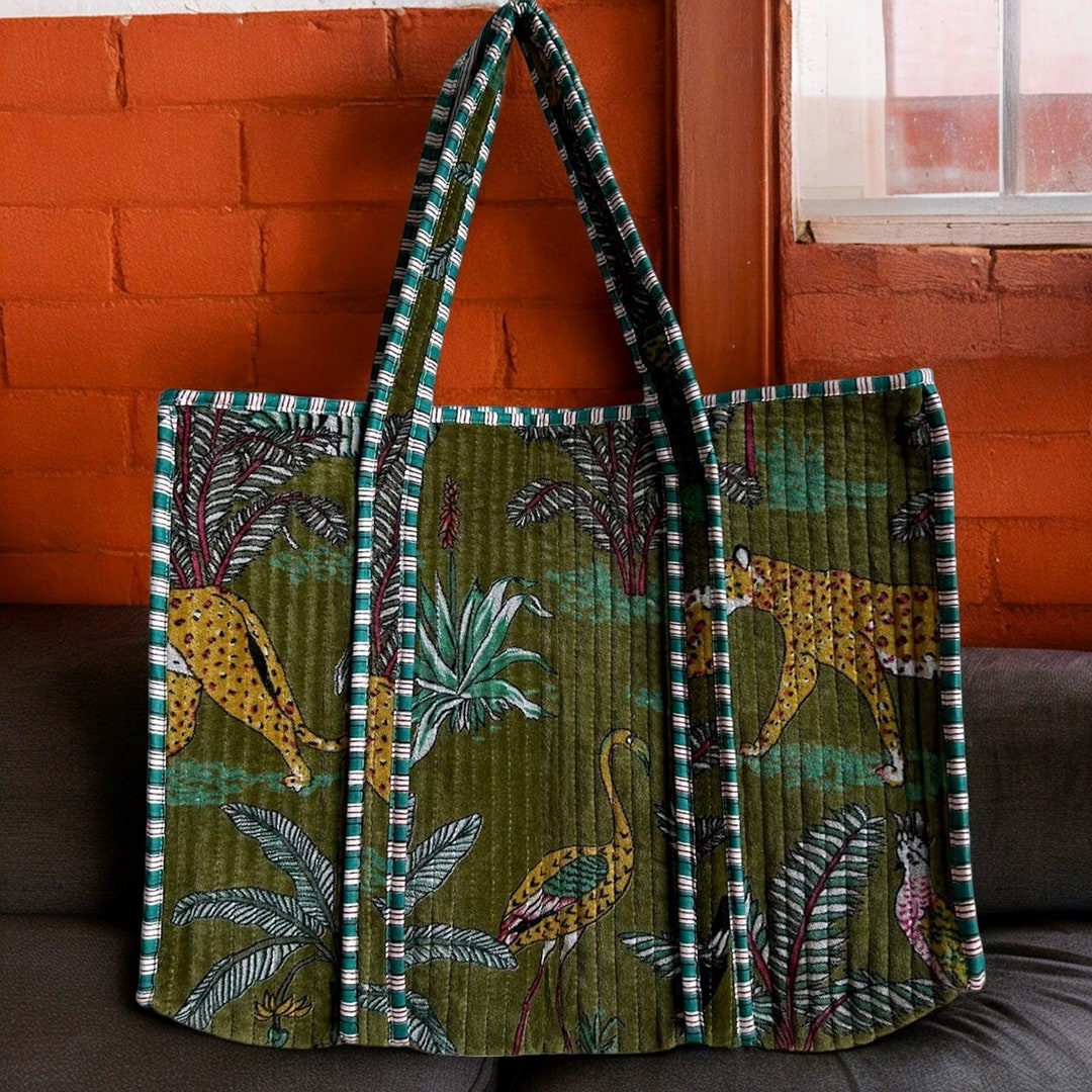 The Little Brown Hare bag. Printed on silk velvet. Green velvet version.