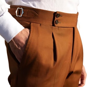 Men Retro GURKHA Pants Belted Italian Casual Trousers Loose Straight High  Waist