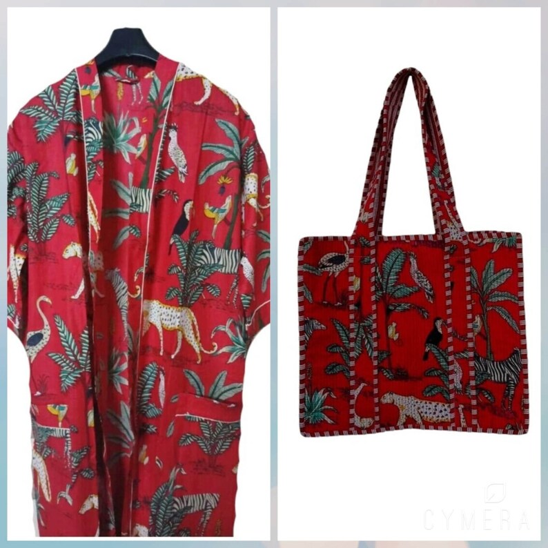 Accappatoi indiani Tigre Foresta Cotone Kimono Vestaglie Abito kimono con borsa tote reversibile in cotone trapuntato, grande borsa per la spesa ecologica immagine 1