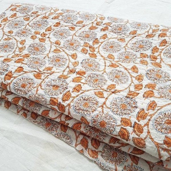 Indian Kantha Quilt Block Printed Kantha Blanket Cotton Kantha Bedspread Handmade Kantha Coverlet Throw Queen & Twin Size Kantha Bedcover