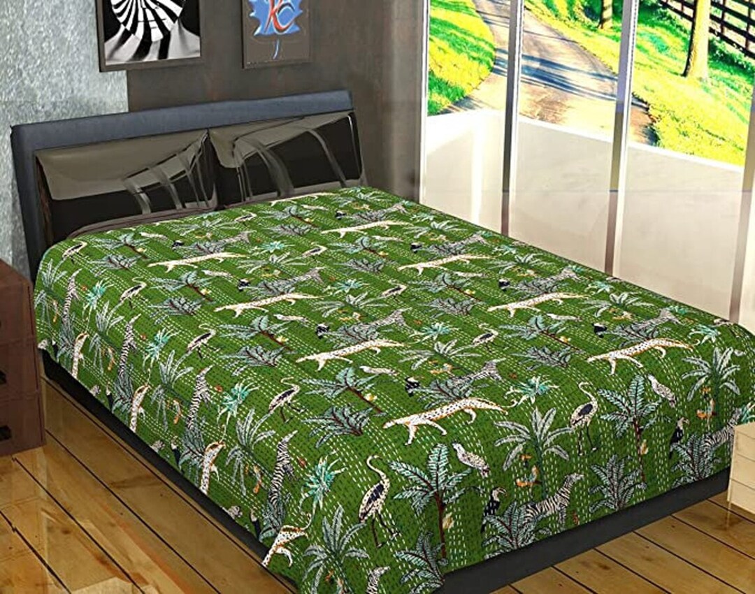 Unique Green Jungle Print Quilt, Reversible Blanket Bedspread, Jungle
