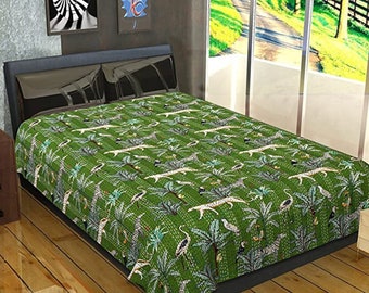 Unique Green Jungle Print Quilt, Reversible Blanket Bedspread, Jungle Print Bed Cover, Bohemian Kantha Quilt