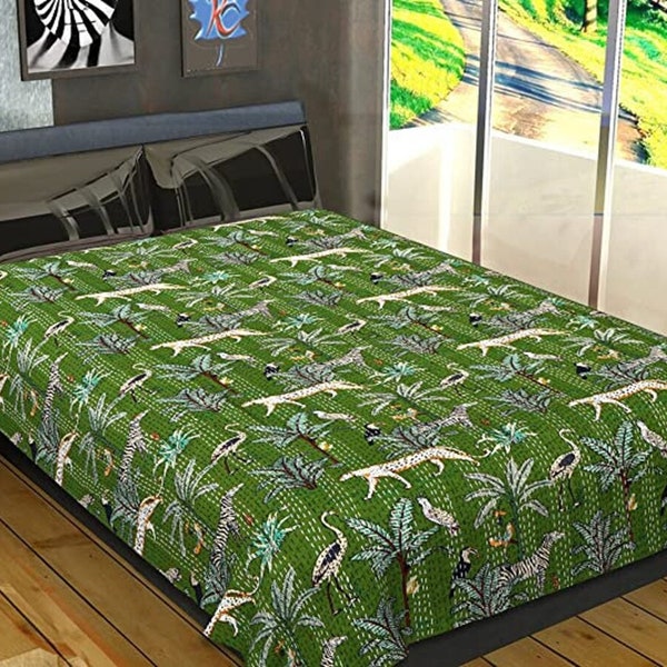 Unique Green Jungle Print Quilt, Reversible Blanket Bedspread, Jungle Print Bed Cover, Bohemian Kantha Quilt