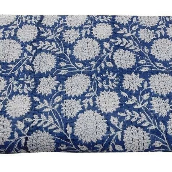 Paon indien coton imprimé à la main Kantha couvre-lit bleu marine couverture coton jeté Gundry fait à la main