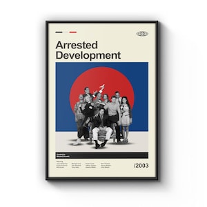 May include: Framed poster featuring the text "Arrested Development" above a group of people in front of a red circle and blue background. The poster includes the year 2003 and the names of the cast and creator.