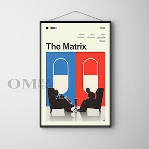 May include: A minimalist poster for the film "The Matrix" featuring two figures in silhouette sitting in chairs facing each other. The background is a split image of a blue and red pill with white centres.
